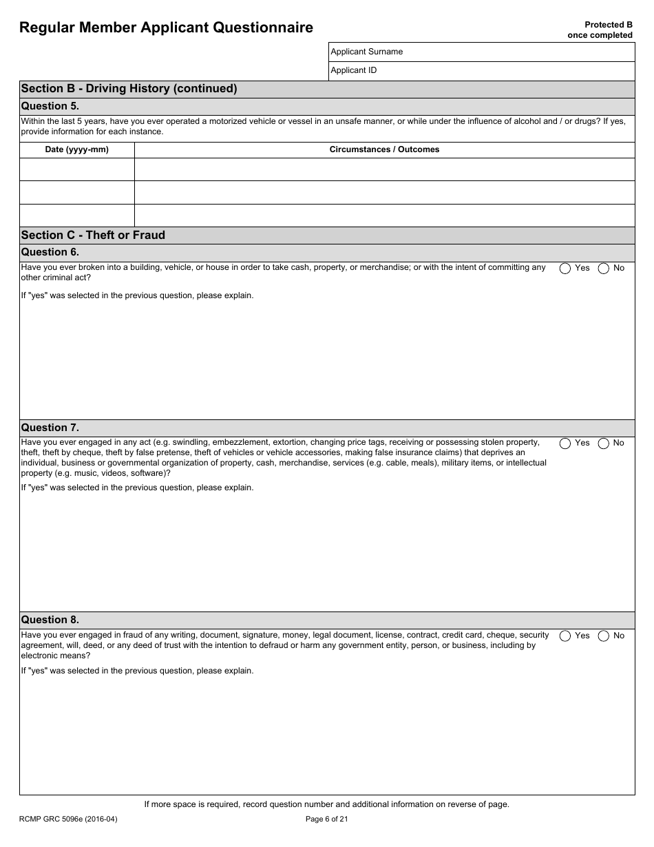 Form RCMP GRC5096E Regular Member Applicant Questionnaire (Rmaq) - Canada, Page 6