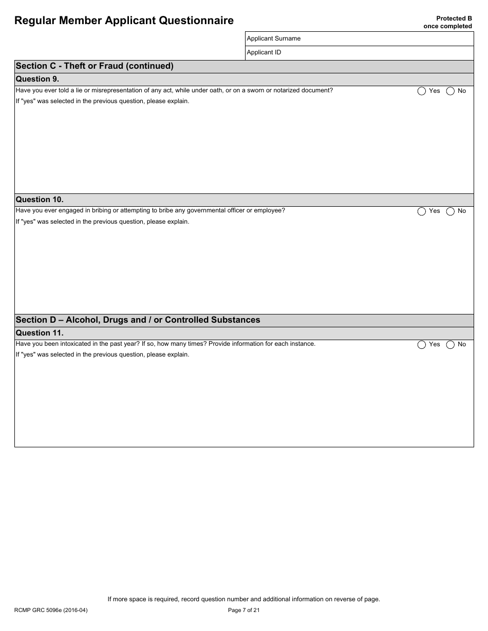 Form RCMP GRC5096E Regular Member Applicant Questionnaire (Rmaq) - Canada, Page 7