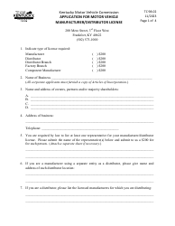Form TC98-02 Application for Motor Vehicle Manufacturer/Distributor License - Kentucky