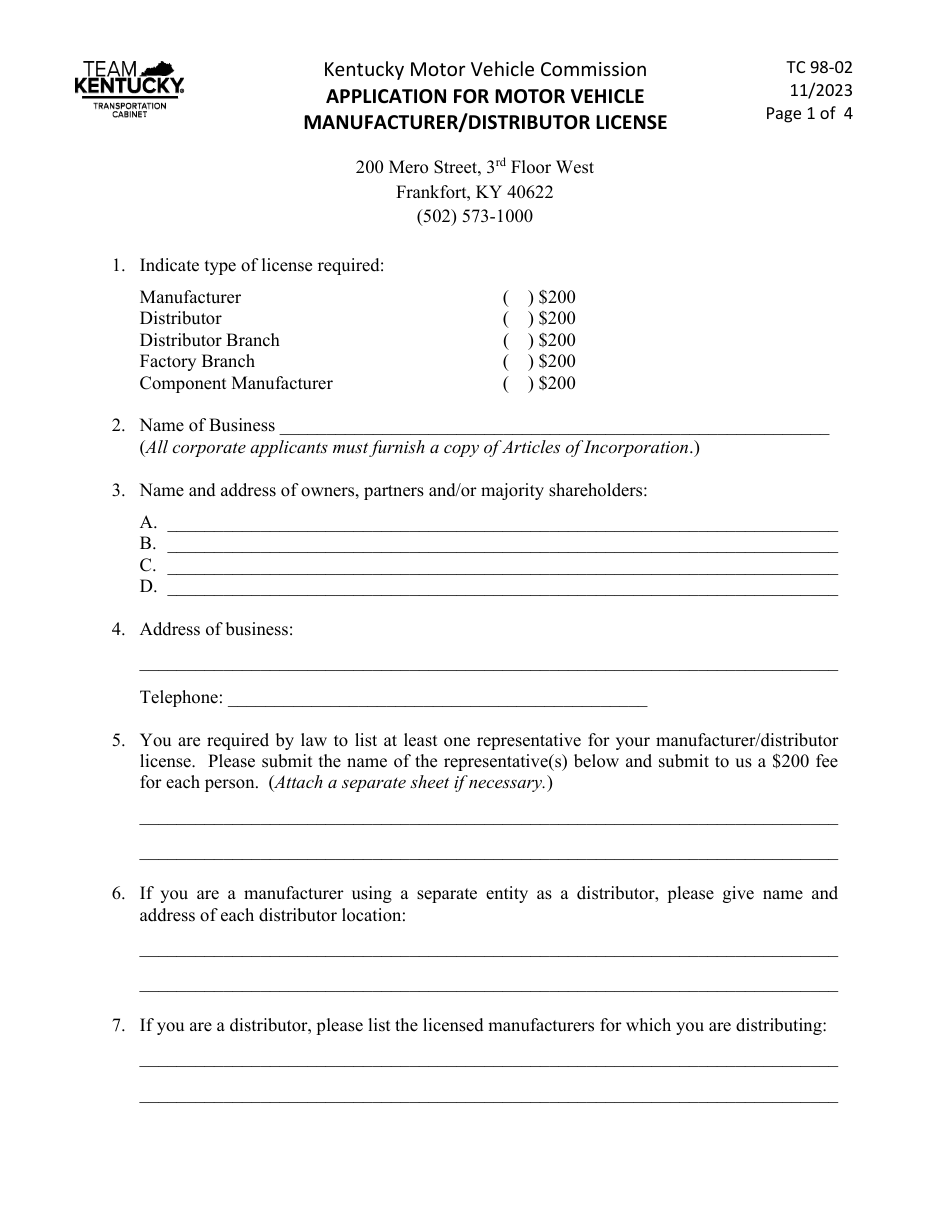 Form TC98-02 Application for Motor Vehicle Manufacturer / Distributor License - Kentucky, Page 1
