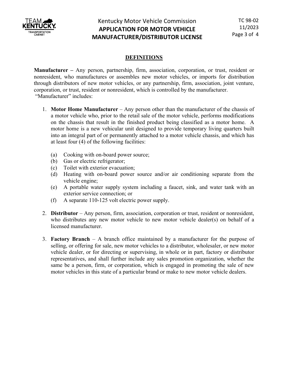 Form TC98-02 Application for Motor Vehicle Manufacturer / Distributor License - Kentucky, Page 3
