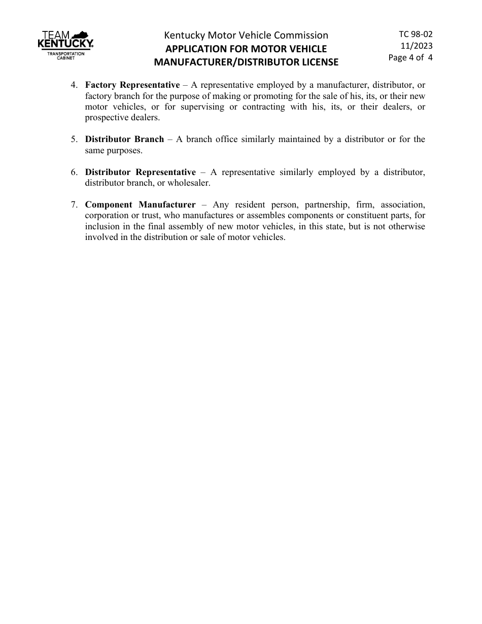 Form TC98-02 Application for Motor Vehicle Manufacturer / Distributor License - Kentucky, Page 4