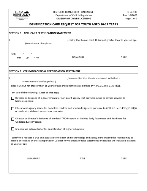 Form TC94-198 Identification Card Request for Youth Aged 16-17 Years - Kentucky