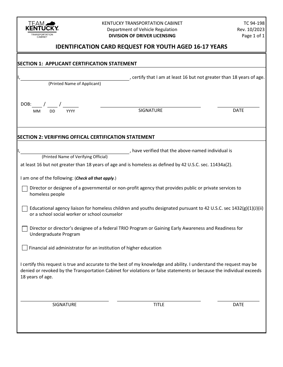 Form TC94-198 Identification Card Request for Youth Aged 16-17 Years - Kentucky, Page 1