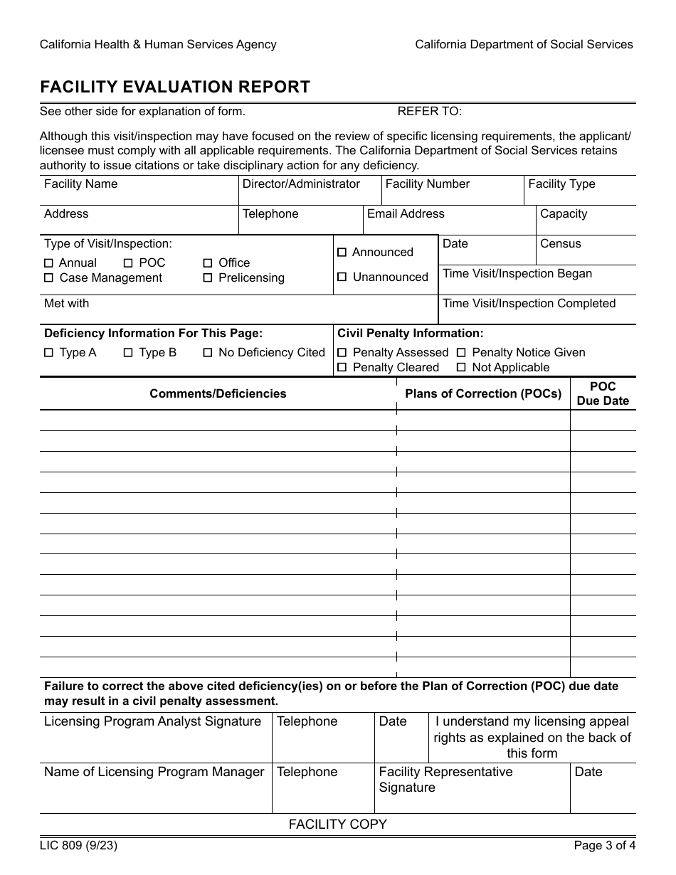 Form LIC809 Facility Evaluation Report - California, Page 3