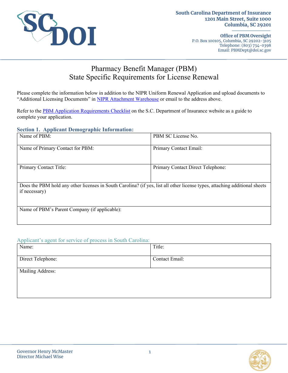Pharmacy Benefit Manager (Pbm) State Specific Requirements for License Renewal - South Carolina, Page 1