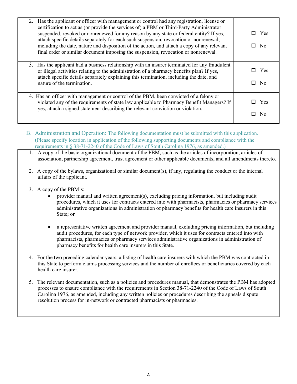 Pharmacy Benefit Manager (Pbm) State Specific Requirements for License Renewal - South Carolina, Page 4