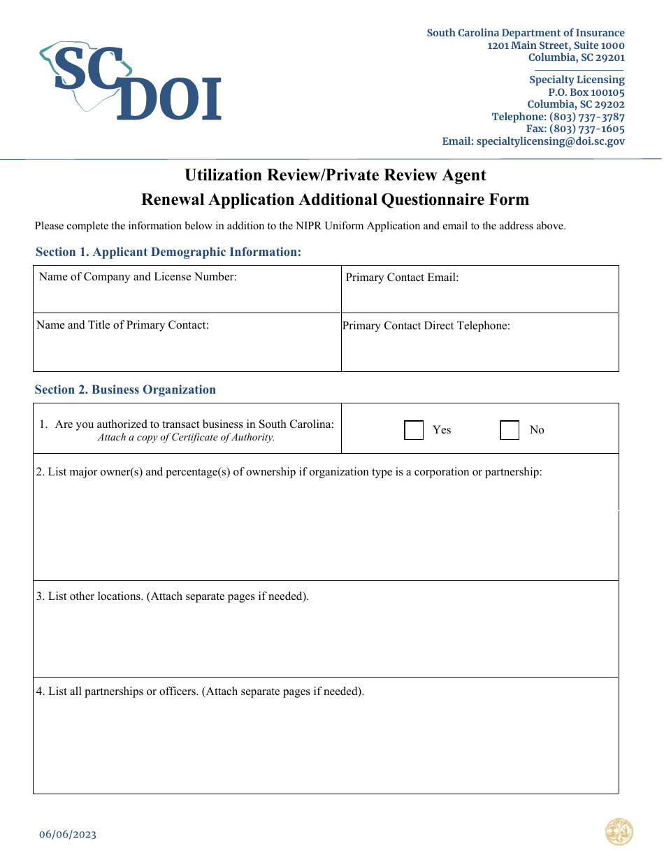 Utilization Review / Private Review Agent Renewal Application Additional Questionnaire Form - South Carolina, Page 1