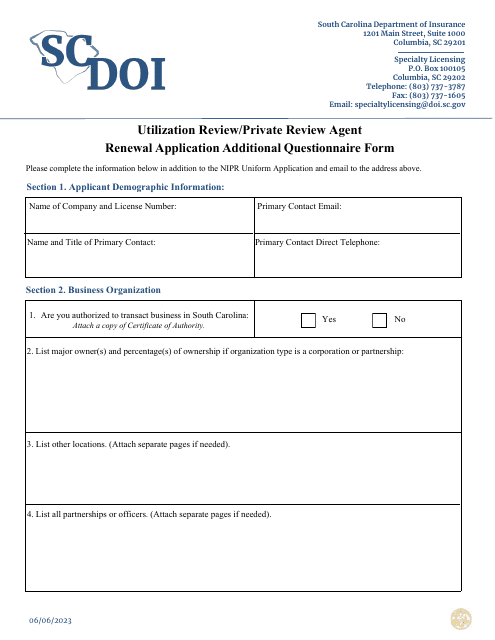 Utilization Review / Private Review Agent Renewal Application Additional Questionnaire Form - South Carolina Download Pdf
