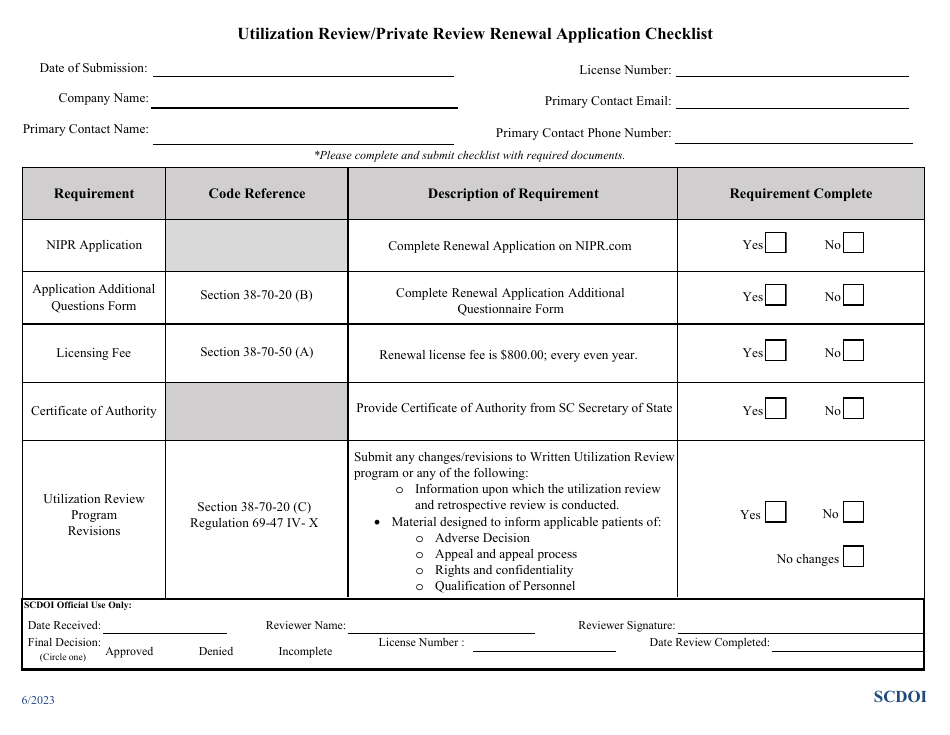 Utilization Review / Private Review Renewal Application Checklist - South Carolina, Page 1
