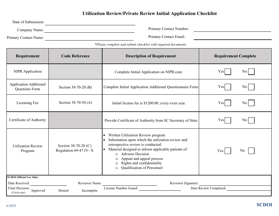 Utilization Review / Private Review Initial Application Checklist - South Carolina, Page 1