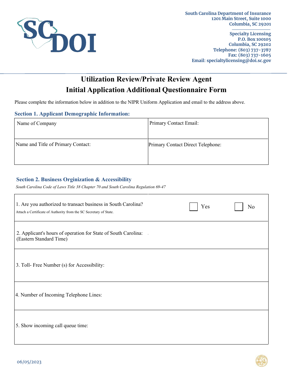 Utilization Review / Private Review Agent Initial Application Additional Questionnaire Form - South Carolina, Page 1