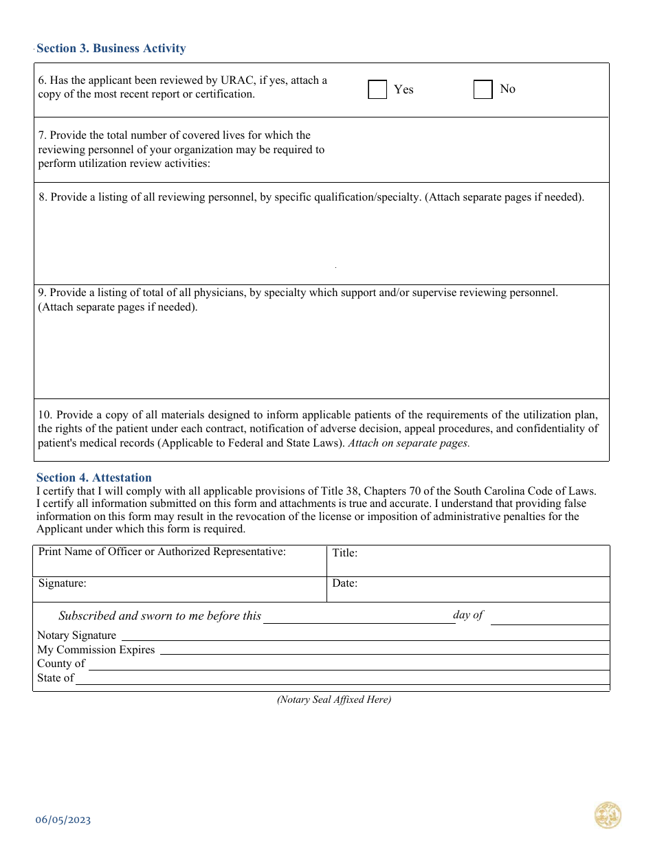 South Carolina Utilization Review/Private Review Agent Initial