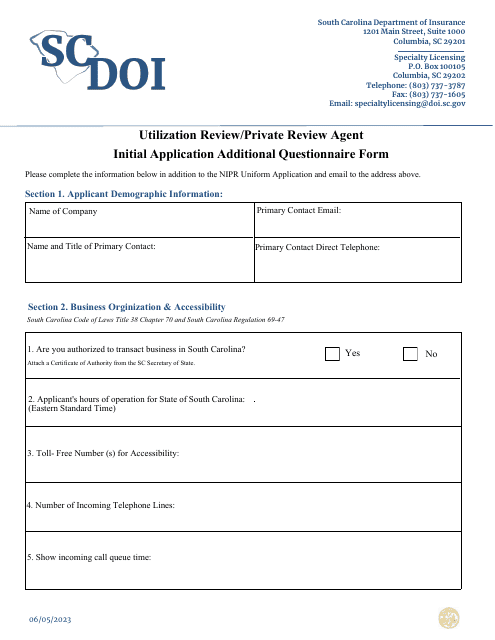 Utilization Review / Private Review Agent Initial Application Additional Questionnaire Form - South Carolina Download Pdf