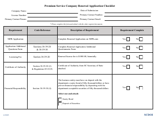 Premium Service Company Renewal Application Checklist - South Carolina
