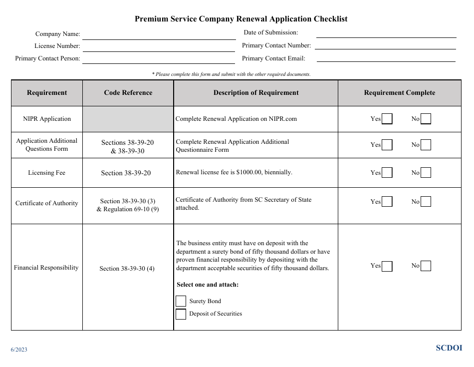 Premium Service Company Renewal Application Checklist - South Carolina, Page 1