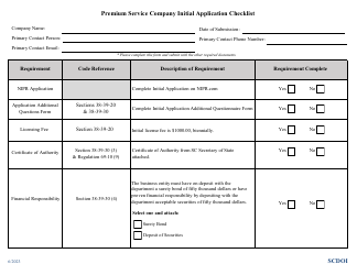 Premium Service Company Initial Application Checklist - South Carolina