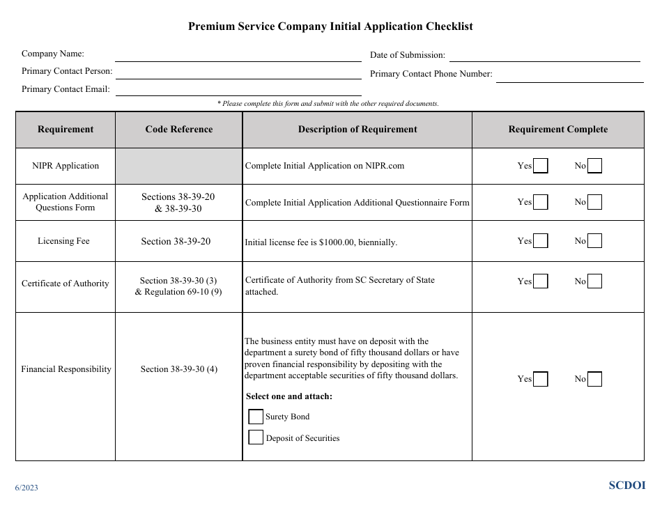 Premium Service Company Initial Application Checklist - South Carolina, Page 1