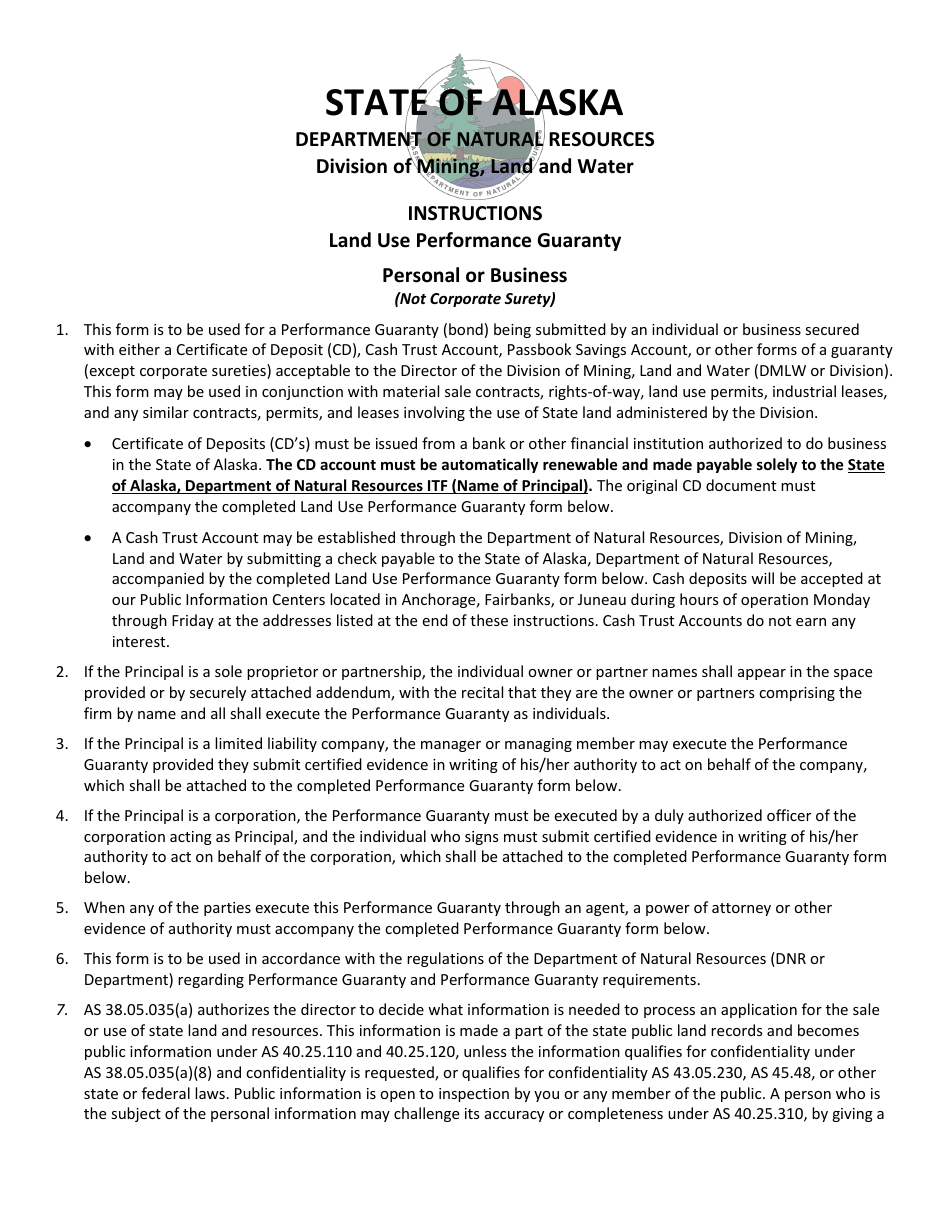 Form 102-1173 Land Use Performance Guaranty - Personal or Business (Not Corporate Surety) - Alaska, Page 1