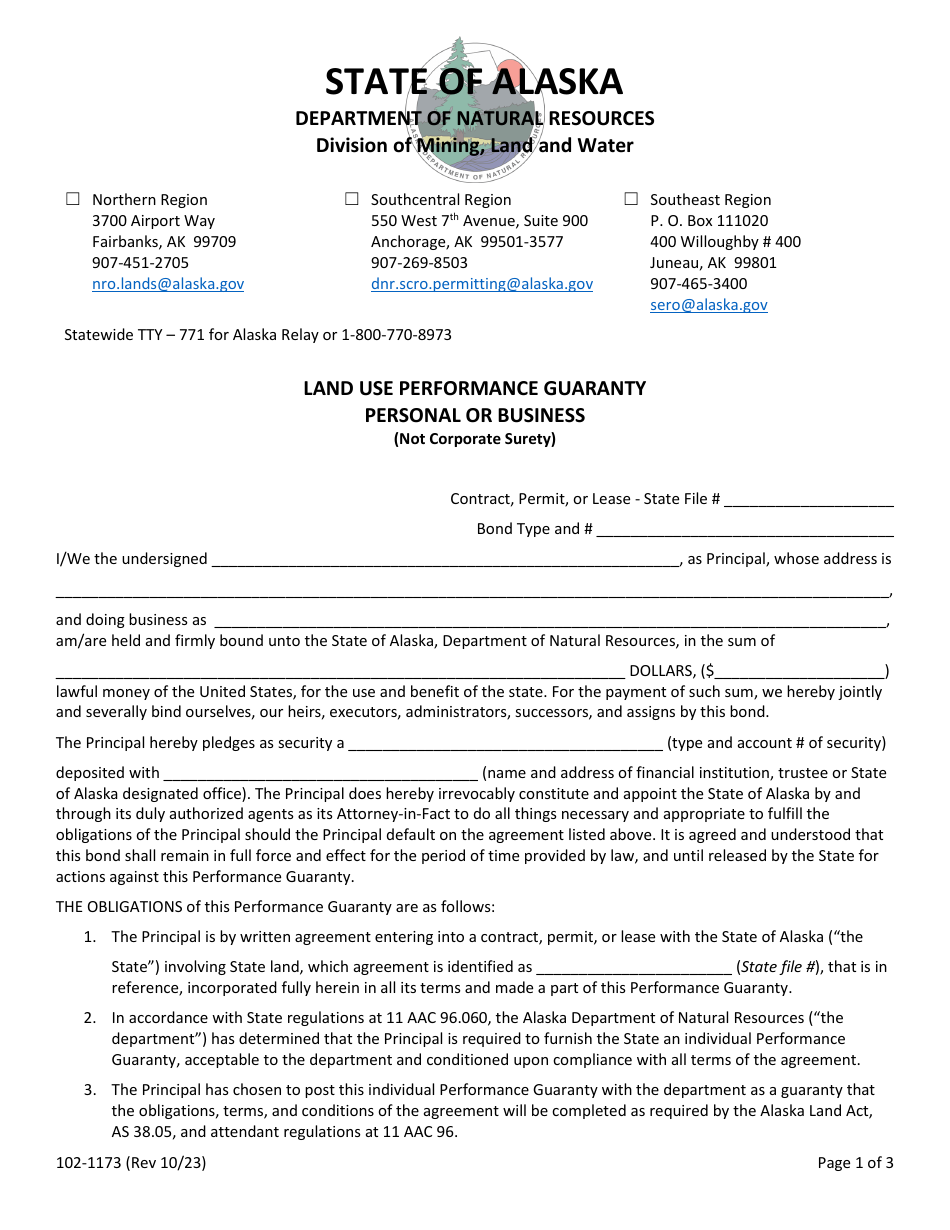 Form 102-1173 Land Use Performance Guaranty - Personal or Business (Not Corporate Surety) - Alaska, Page 4