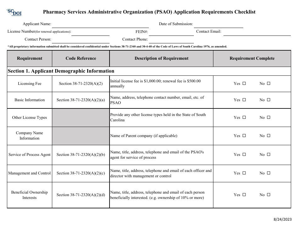 Pharmacy Services Administrative Organization (Psao) Application Requirements Checklist - South Carolina, Page 1