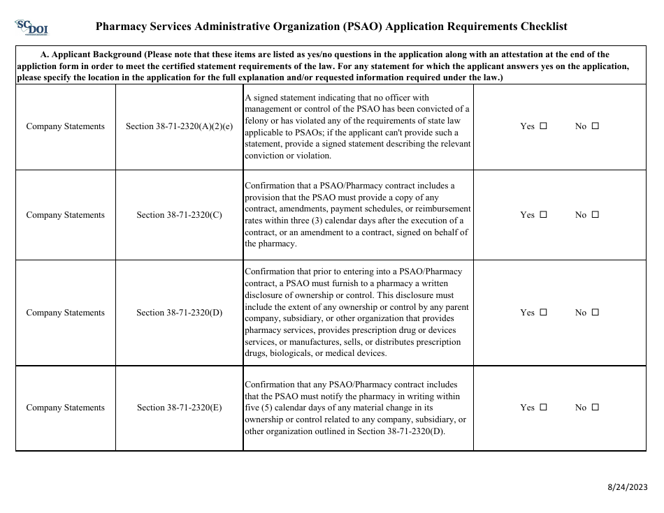 Pharmacy Services Administrative Organization (Psao) Application Requirements Checklist - South Carolina, Page 3