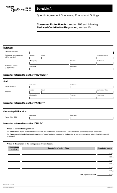 Form FO-0659-A Schedule A Specifc Agreement Concerning Educational Outings - Quebec, Canada