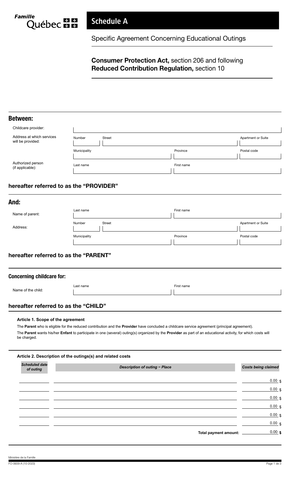 Form FO-0659-A Schedule A Specifc Agreement Concerning Educational Outings - Quebec, Canada, Page 1