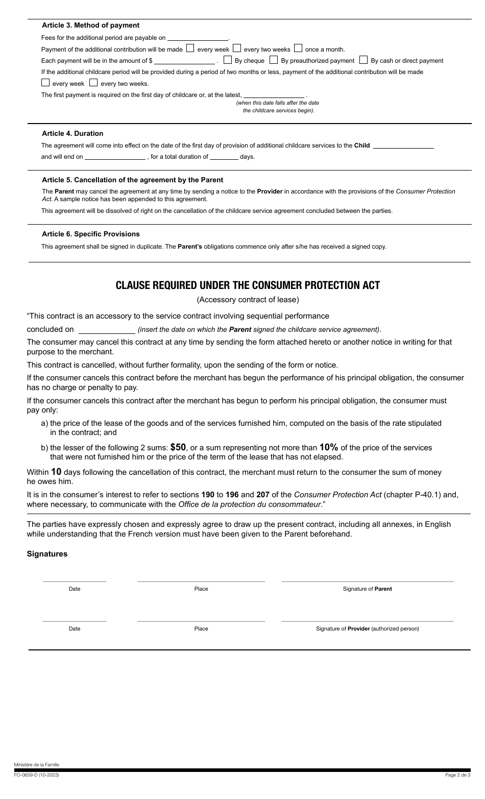 Form FO-0659-D Schedule D Agreement Concerning the Provision of an Additional Period of Childcare - Quebec, Canada, Page 2