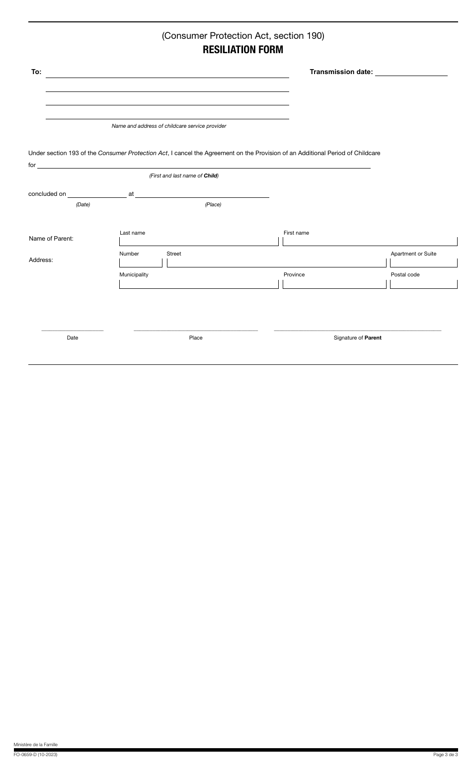 Form FO-0659-D Schedule D Agreement Concerning the Provision of an Additional Period of Childcare - Quebec, Canada, Page 3