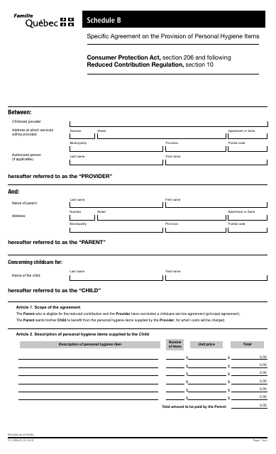 Form FO-0659-B Schedule B Specifc Agreement on the Provision of Personal Hygiene Items - Quebec, Canada