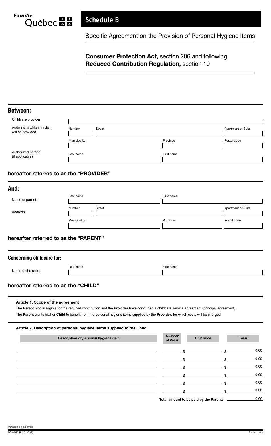 Form FO-0659-B Schedule B Specifc Agreement on the Provision of Personal Hygiene Items - Quebec, Canada, Page 1