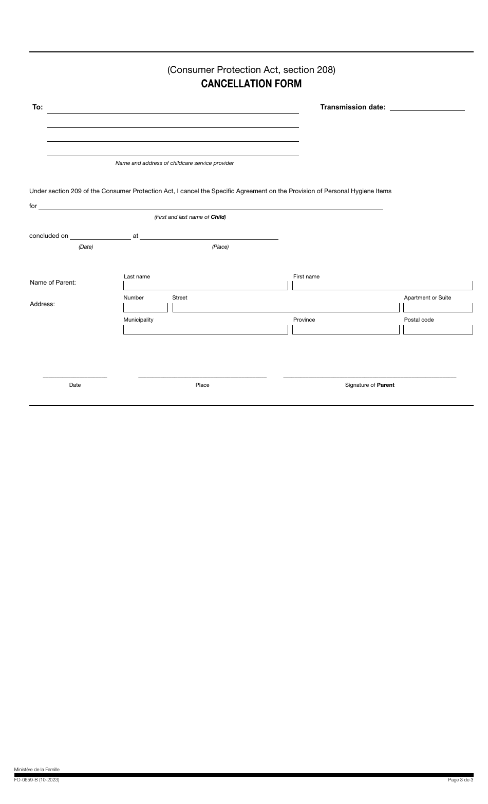 Form FO-0659-B Schedule B Specifc Agreement on the Provision of Personal Hygiene Items - Quebec, Canada, Page 3