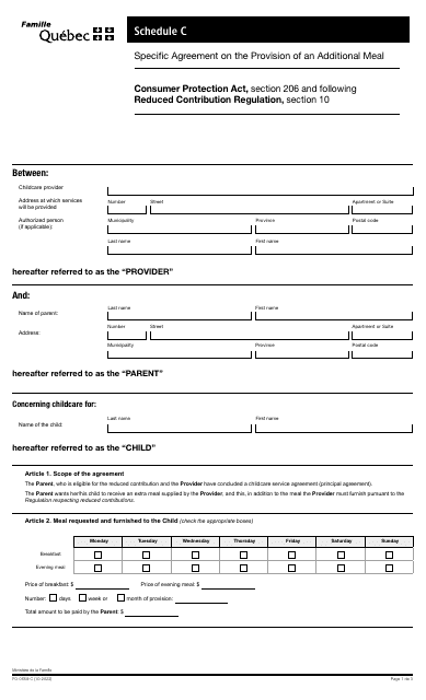 Form FO-0659-C Schedule C Specifc Agreement on the Provision of an Additional Meal - Quebec, Canada