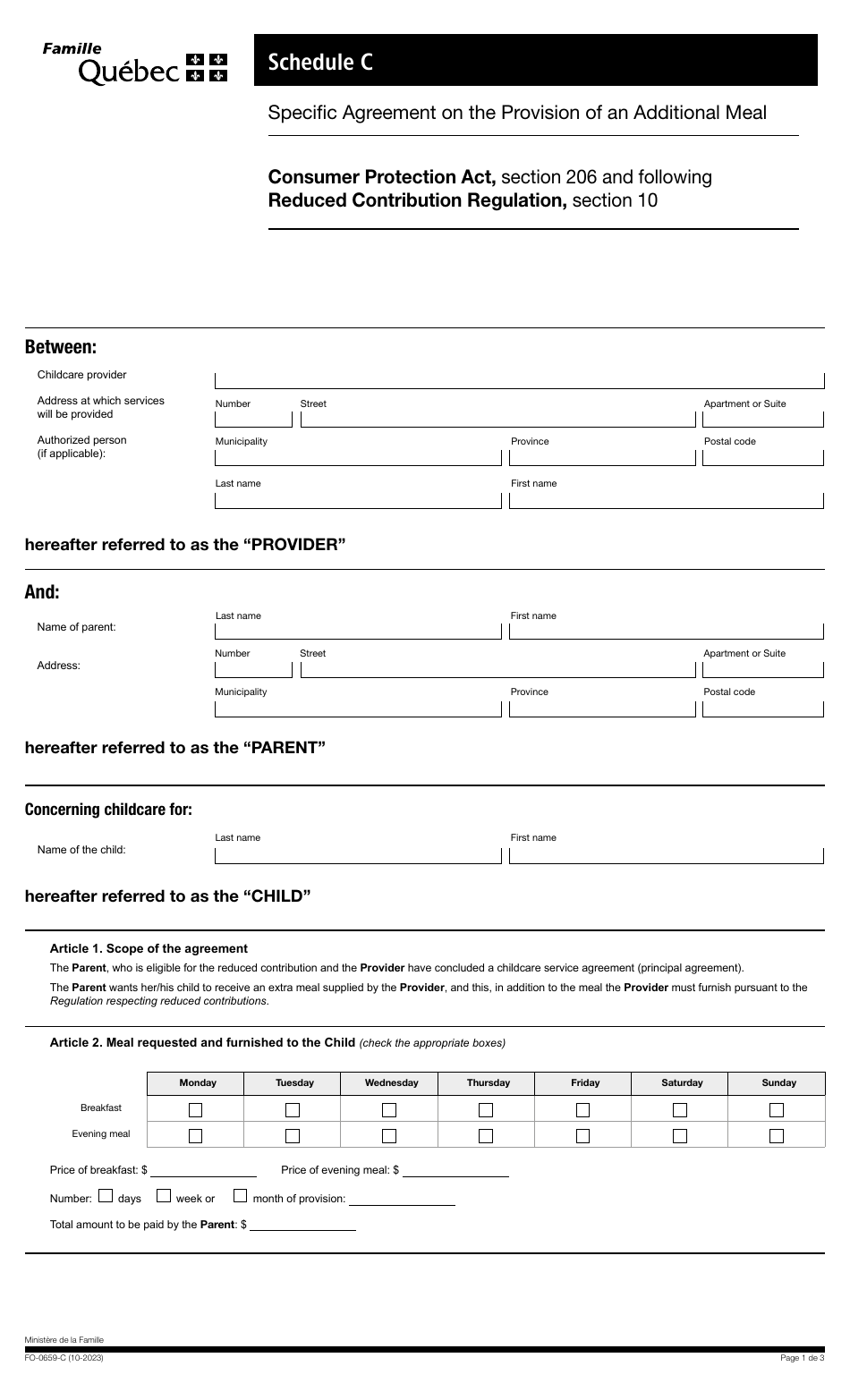 Form FO-0659-C Schedule C Specifc Agreement on the Provision of an Additional Meal - Quebec, Canada, Page 1
