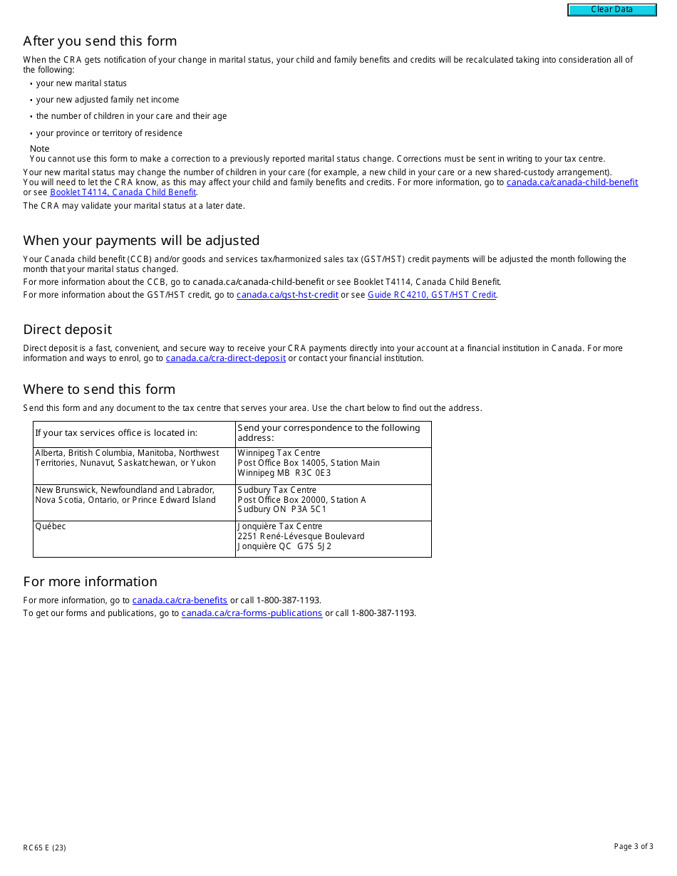 Form RC65 Download Fillable PDF or Fill Online Marital Status Change, Canada Templateroller