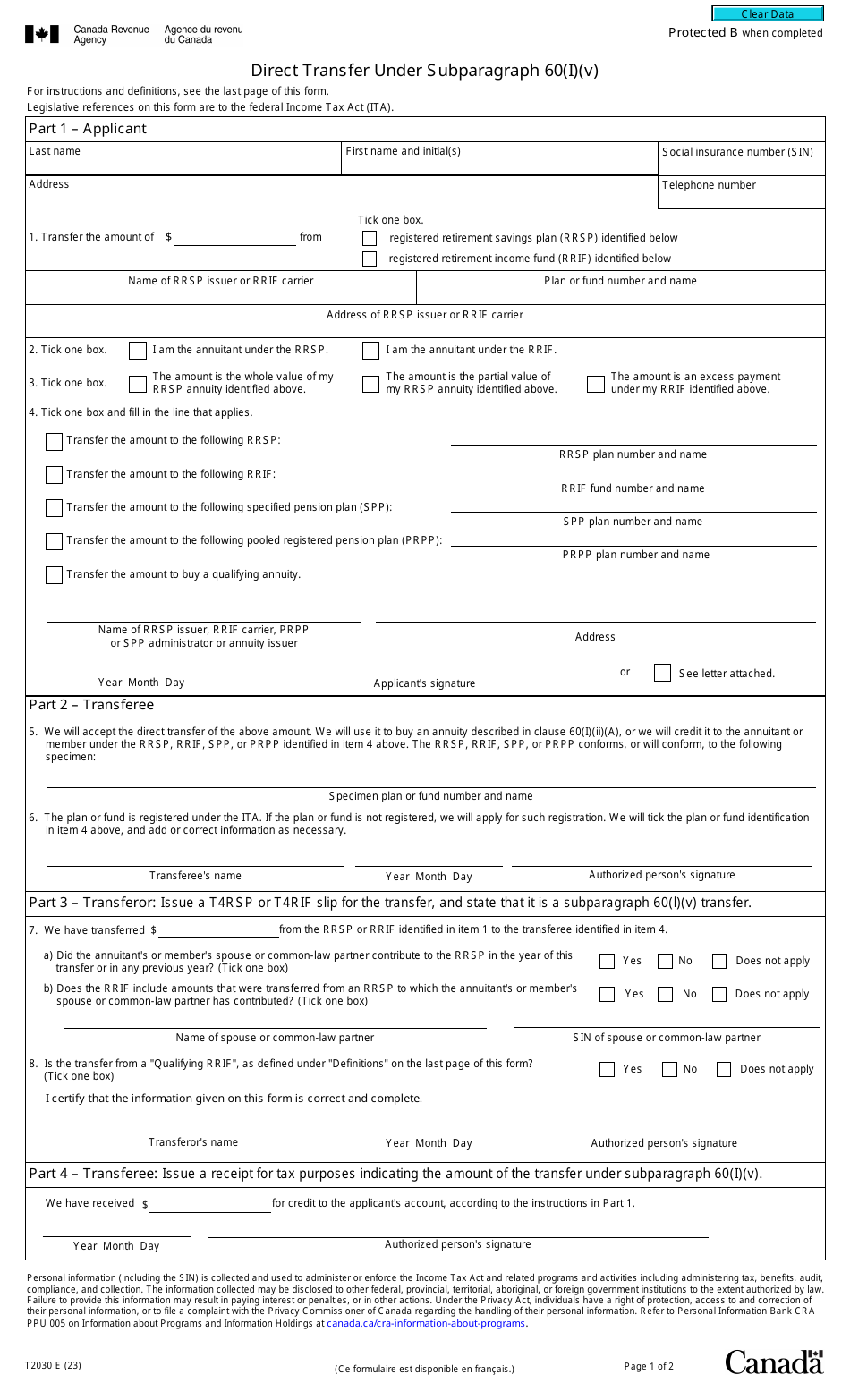 Form T2030 Download Fillable PDF or Fill Online Direct Transfer Under ...