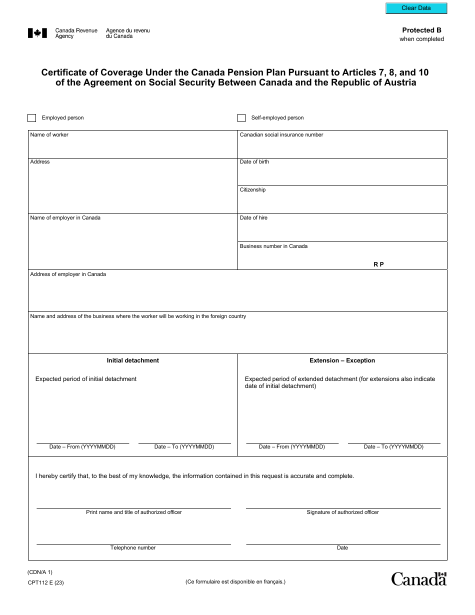 Form CPT112 Certificate of Coverage Under the Canada Pension Plan Pursuant to Articles 7, 8, and 10 of the Agreement on Social Security Between Canada and the Republic of Austria - Canada, Page 2