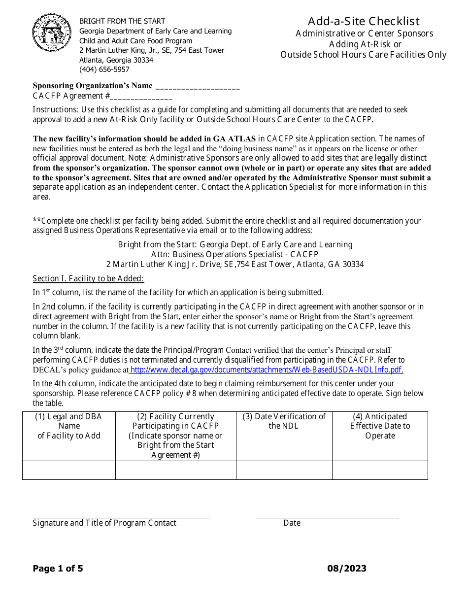 Add-A-site Checklist - Administrative or Center Sponsors Adding at-Risk or Outside School Hours Care Facilities Only - Georgia (United States), Page 1