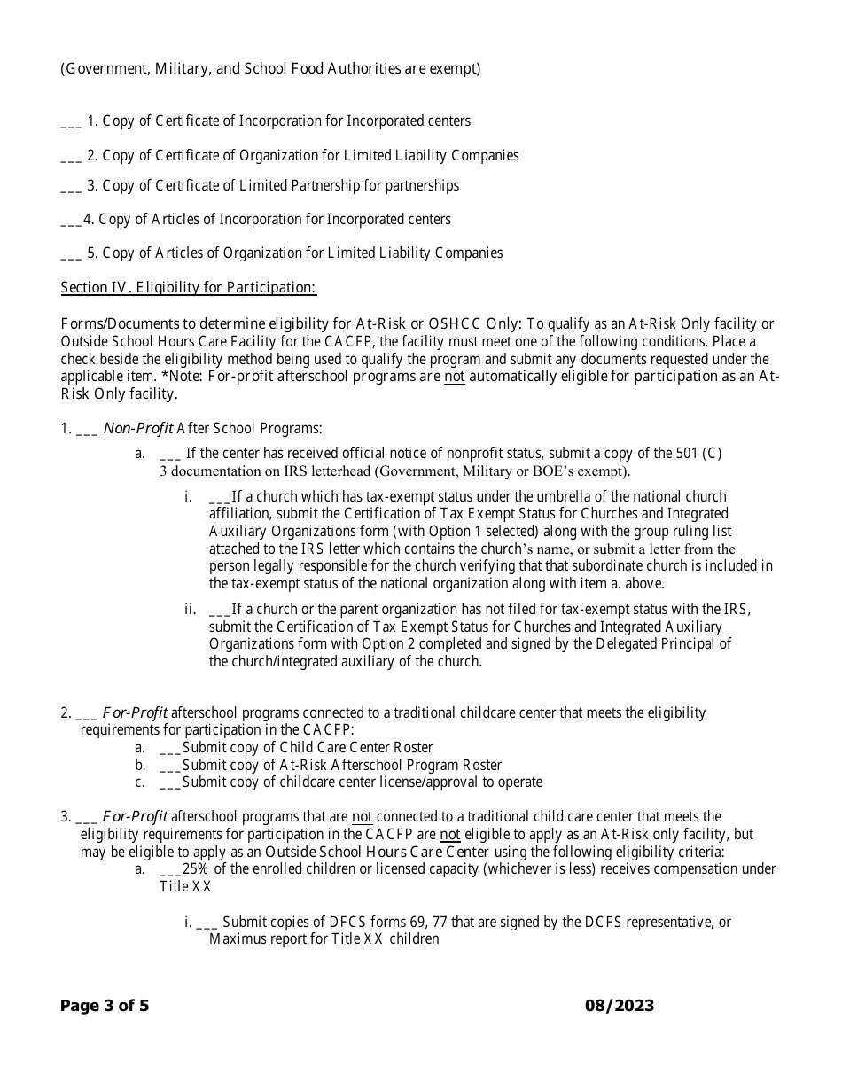 Add-A-site Checklist - Administrative or Center Sponsors Adding at-Risk or Outside School Hours Care Facilities Only - Georgia (United States), Page 3