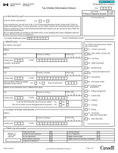Form T5003 SUM Tax Shelter Information Return - Canada