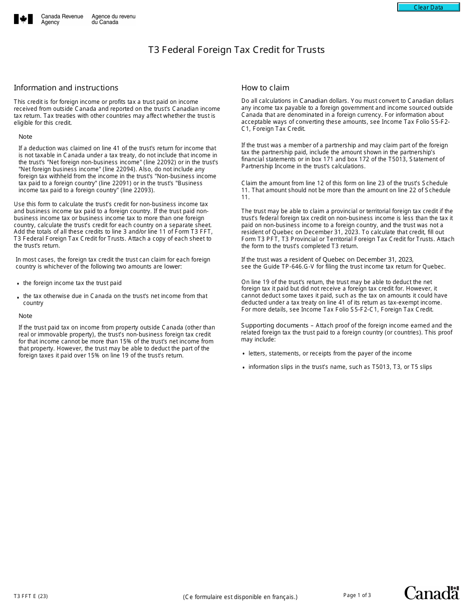 Form T3 FFT T3 Federal Foreign Tax Credit for Trusts - Canada, Page 1