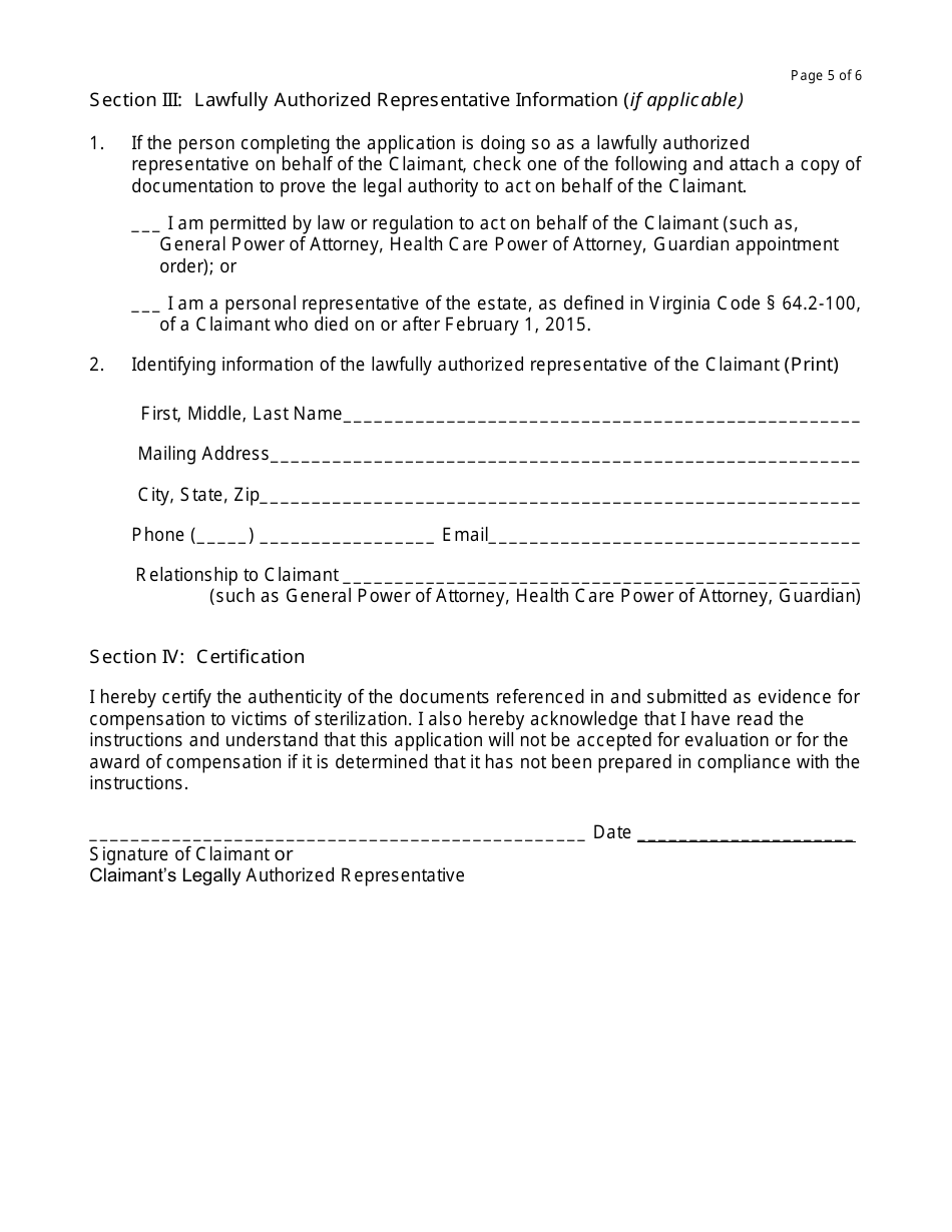 VESC Form 1004 Application for Filing a Claim for Compensation for Victims of the 1924 Virginia Eugenical Sterilization Act - Virginia, Page 5