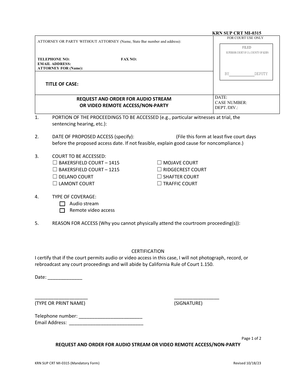 Form KRN SUP CRT MI-0315 Request and Order for Audio Stream or Video Remote Access / Non-party - County of Kern, California, Page 1