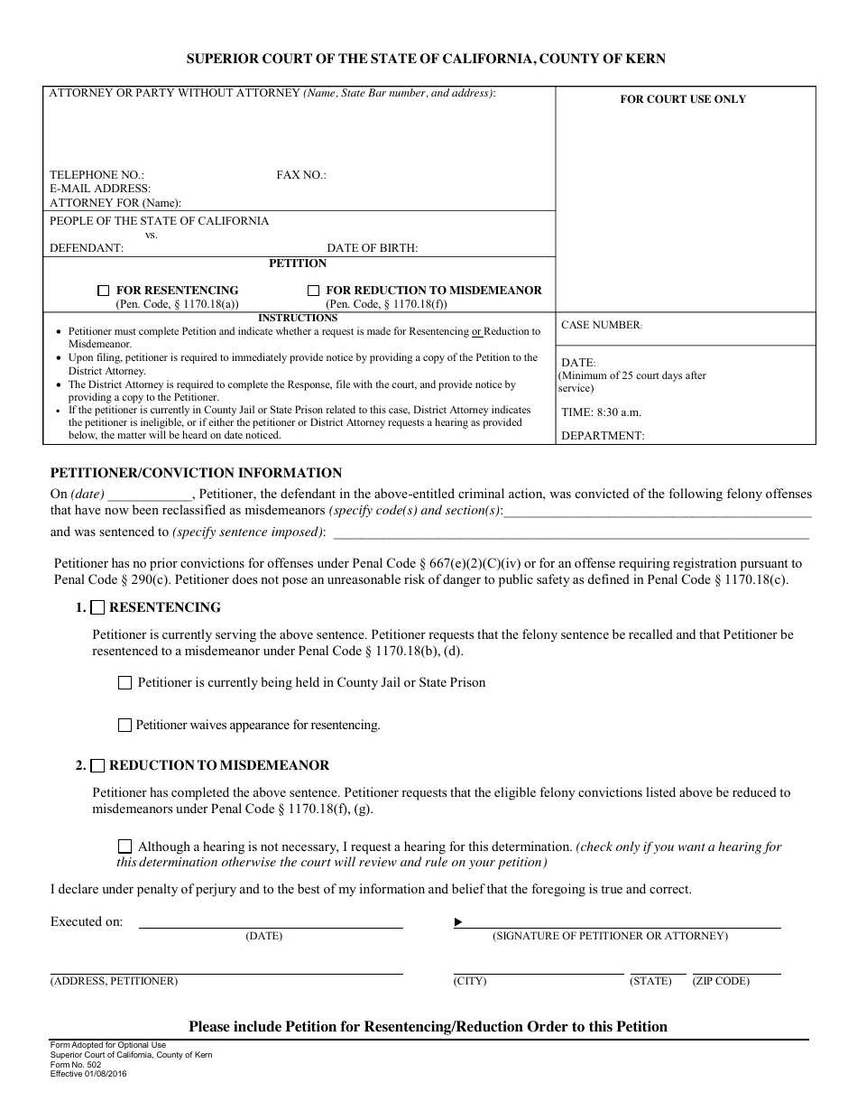 Form 502 Petition for Resentencing / Reduction to Misdemeanor - County of Kern, California, Page 1