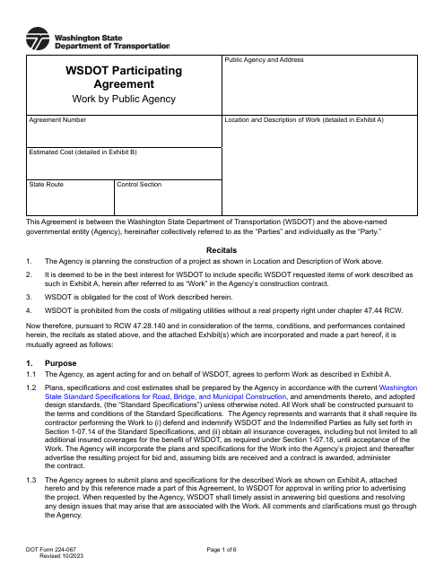 DOT Form 224-067 Wsdot Participating Agreement - Work by Public Agency - Washington