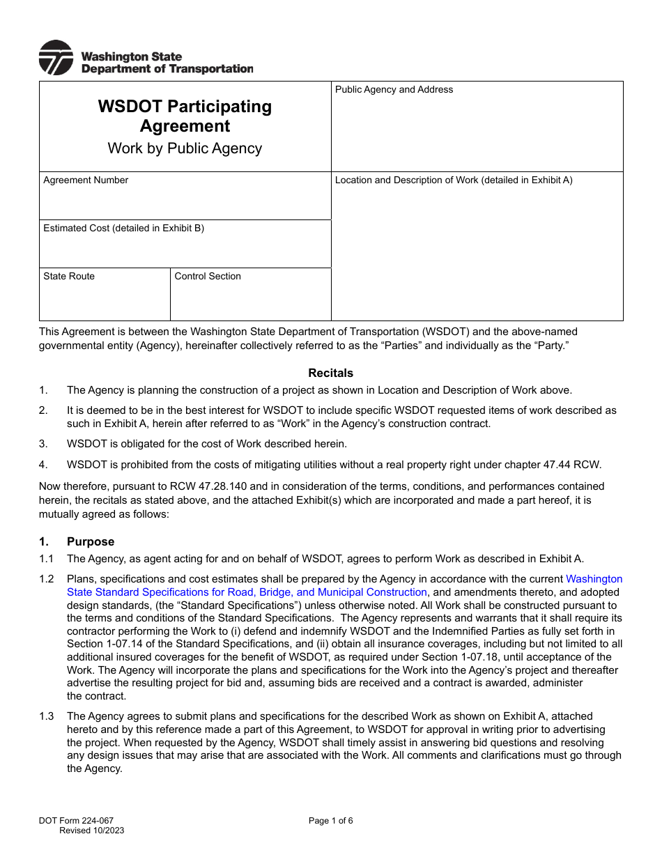 DOT Form 224-067 Wsdot Participating Agreement - Work by Public Agency - Washington, Page 1