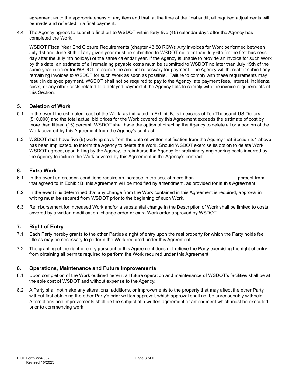 DOT Form 224-067 Wsdot Participating Agreement - Work by Public Agency - Washington, Page 3