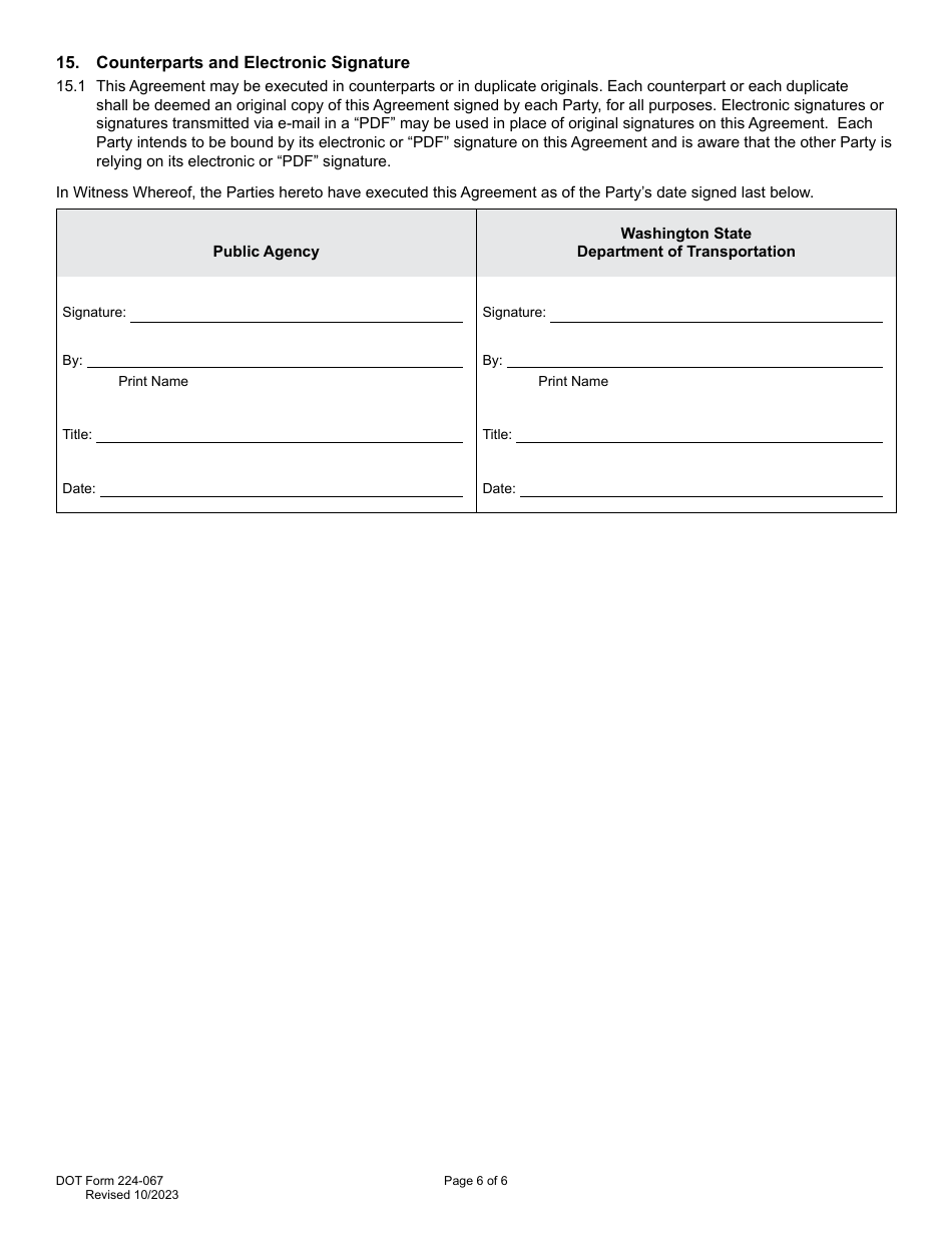 DOT Form 224-067 Wsdot Participating Agreement - Work by Public Agency - Washington, Page 6
