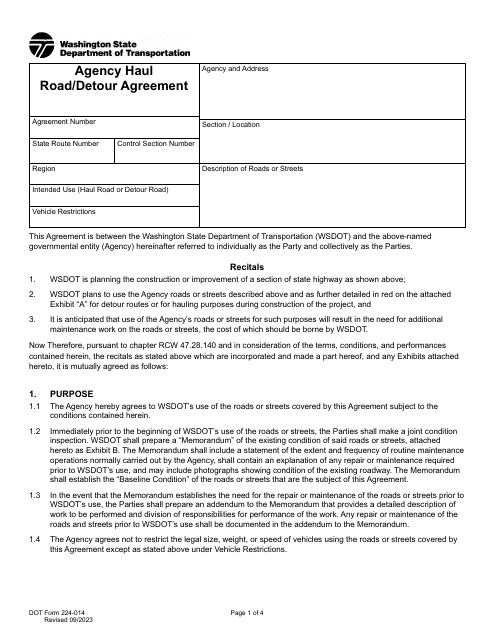 DOT Form 224-014 Agency Haul Road/Detour Agreement - Washington